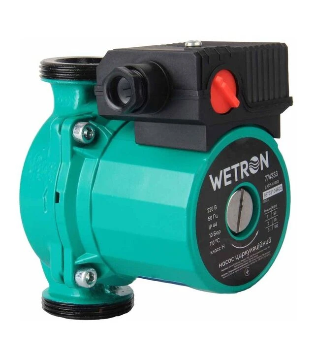 Насос циркуляційний Wetron 75 Вт, 4 м, 45 л/хв, Ø1 1/2" 130 мм, з гайками Ø1", зелений (774313)