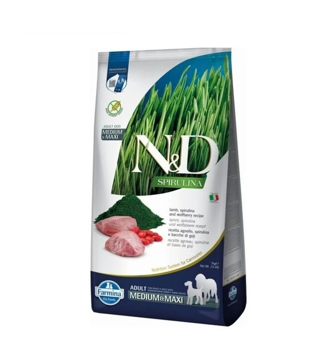 Беззерновий сухий корм для собак середніх і великих порід Farmina N&D Spirulina з ягням, спіруліною та ягодами годжі, 7 кг