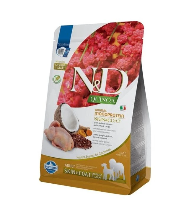 Сухой корм для собак Farmina N&D Quinoa при пищевой аллергии, с перепелом, киноа, кокосом и куркумой, 2,5 кг