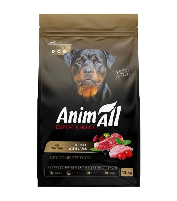 Полнорационный сухой корм для собак больших пород AnimAll Expert Choice со свежей индейкой и ягненком, 12 кг