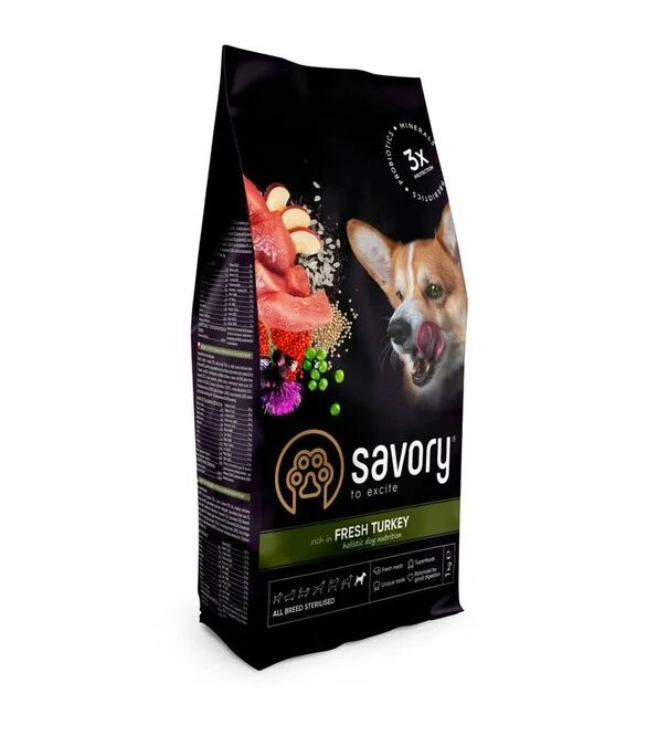 Сухой корм для стерилизованных собак Savory All Breed Sterilised со свежей индейкой, 1 кг