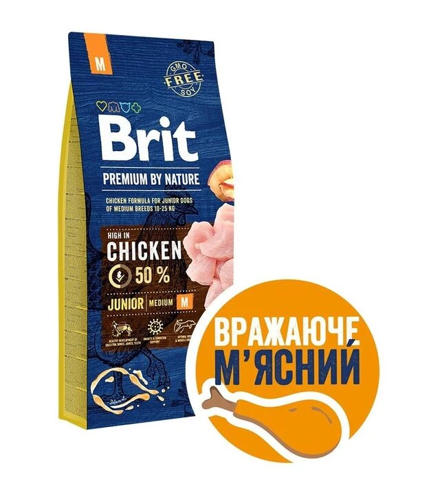 Сухой корм для щенков средних пород Brit Premium Dog Junior M с курицей, 15 кг