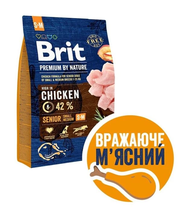 Сухий корм для собак дрібних та середніх порід Brit Premium Dog Senior S+M з куркою, 3 кг