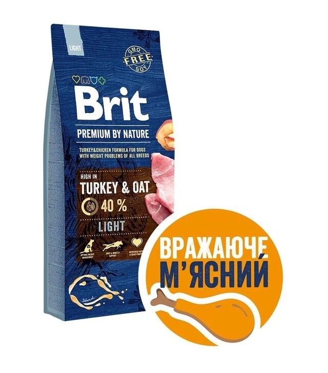 Сухой корм для собак Brit Premium Dog Light при избыточном весе, с индейкой, 15 кг