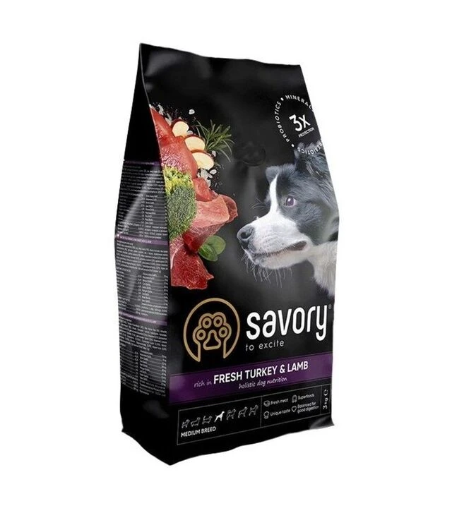 Сухой корм для собак средних пород Savory Medium Breed со свежим ягненком и индейкой, 3 кг