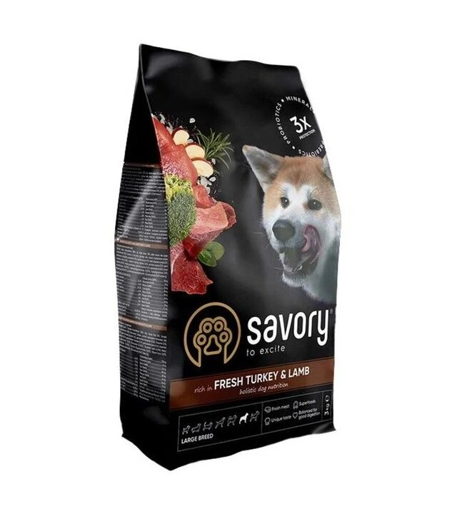 Сухий корм для собак великих порід Savory Large Breeds зі свіжим ягням та індичкою, 3 кг