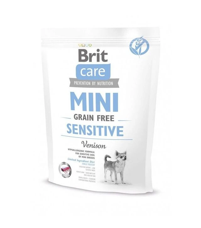 Беззерновой сухой корм для собак мелких пород Brit Care Grain Free Mini Sensitive для чувствительного пищеварения, с олениной, 400 г