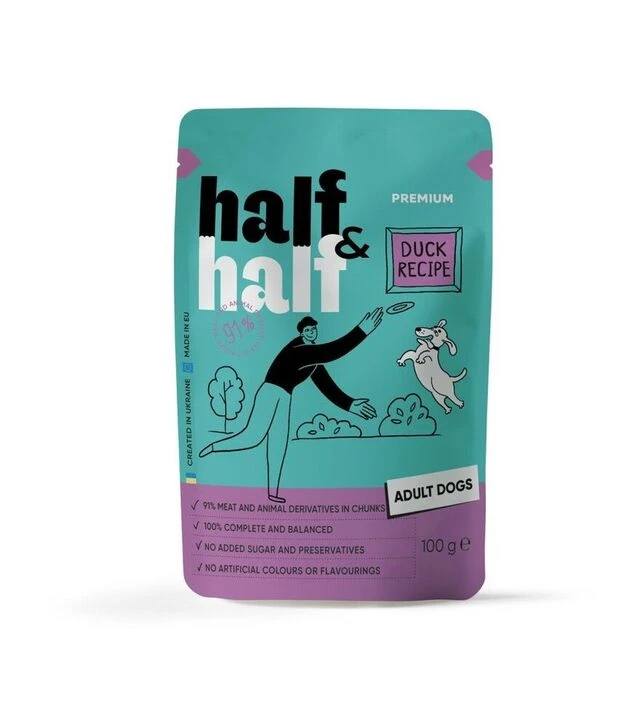 Вологий корм для собак Half&Half зі шматочками качки в соусі, 100 г