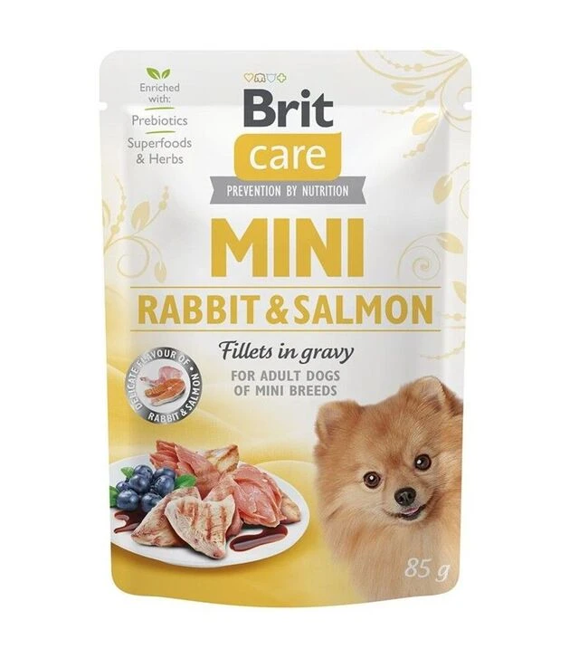 Беззерновий вологий корм для собак мініатюрних порід Brit Care Mini з кроликом та лососем, філе в соусі, 85 г