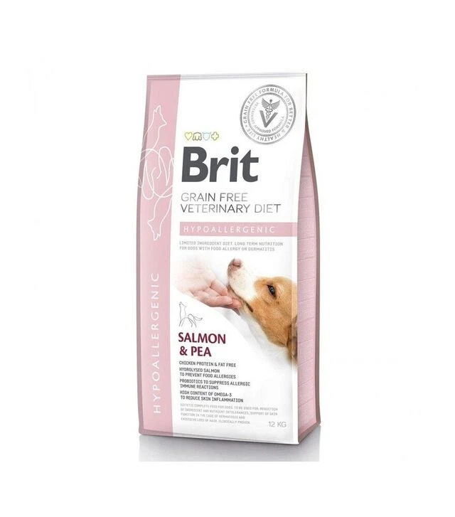 Лечебный сухой корм для собак Brit VetDiets GF Hypoallergenic при пищевой аллергии, с лососем, горохом и гречкой, 12 кг