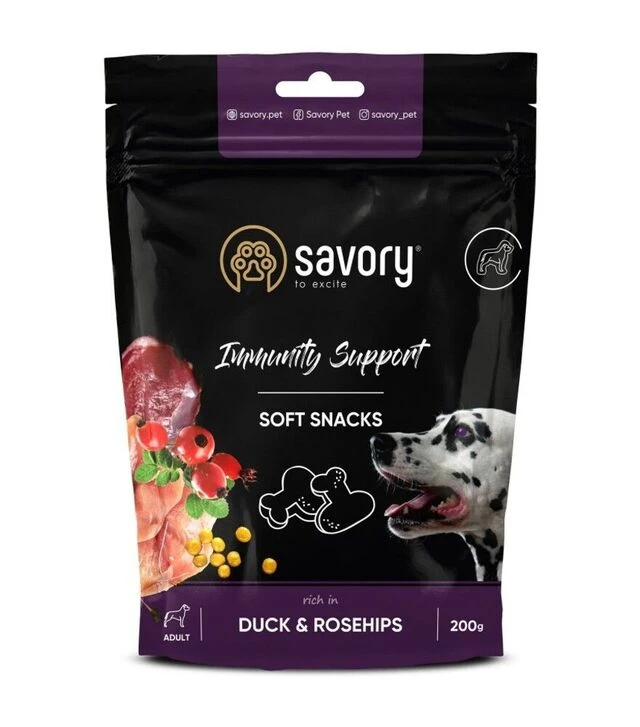 Мягкие лакомства для взрослых собак Savory Immunity для укрепления иммунитета, с уткой и шиповником, 200 г