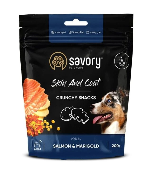 Хрустящие лакомства для собак Savory Skin and Coat для здоровья кожи и шерсти, с лососем и бархатцами, 200 г