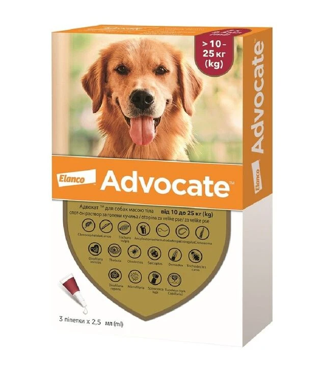 Капли для собак Elanco Advocate от паразитов, вес 10-25 кг, пипетка, 3 шт