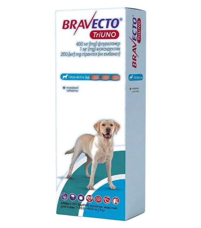 Таблетка для собак MSD Bravecto TriUNO від бліх, кліщів та глистів, на вагу 20,0-40,0 кг, 1 шт