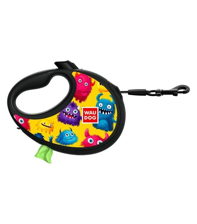 Повідець-рулетка для собак WAUDOG R-leash Мохнаті монстри, до 40 кг, світловідбивний, з контейнером для пакетів, 5 м