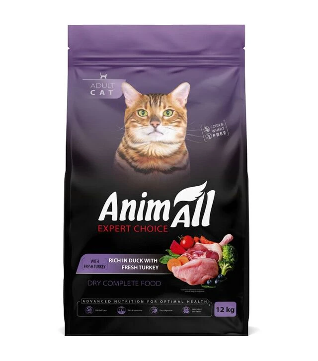 Повнораціонний сухий корм для котів AnimAll з індичкою та качкою, 12 кг