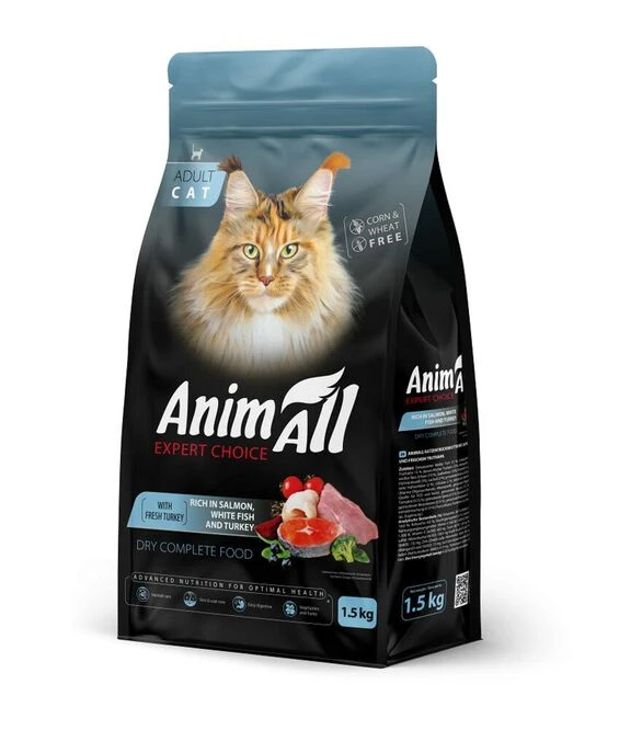 Полнорационный сухой корм для кошек AnimAll с лососем, белой рыбой и индейкой, 1,5 кг