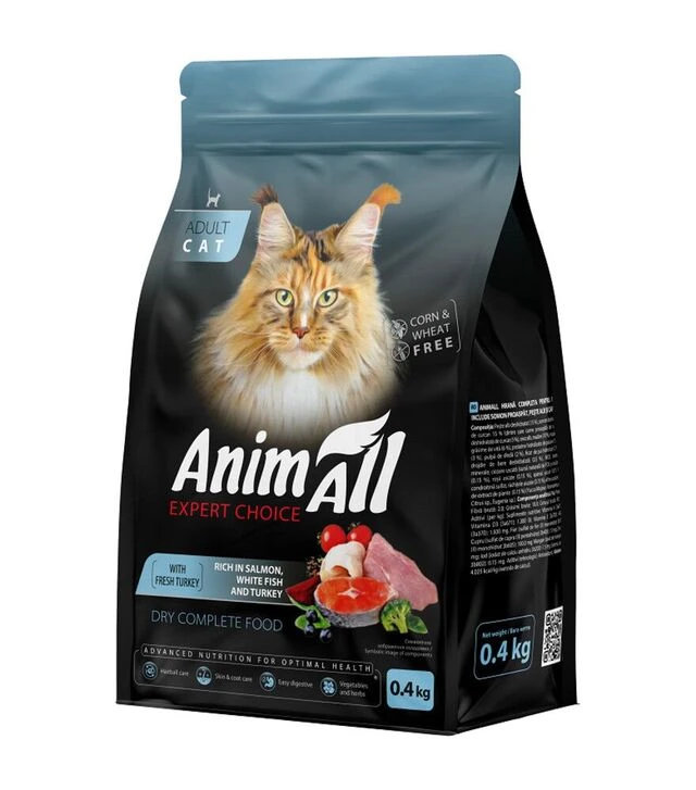 Повнораціонний сухий корм для котів AnimAll з лососем, білою рибою та індичкою, 400 г