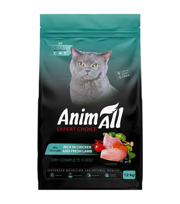Повнораціонний сухий корм для стерилізованих котів AnimAll з куркою та ягням, 12 кг