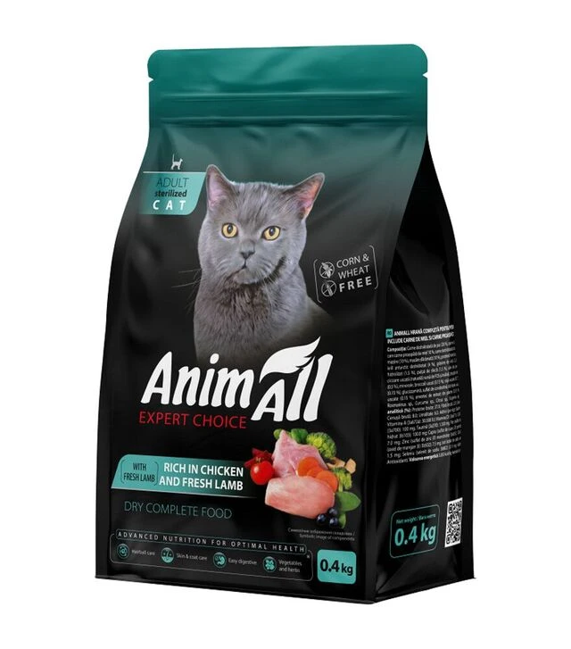 Полнорационный сухой корм для стерилизованных кошек AnimAll с курицей и ягненком, 400 г