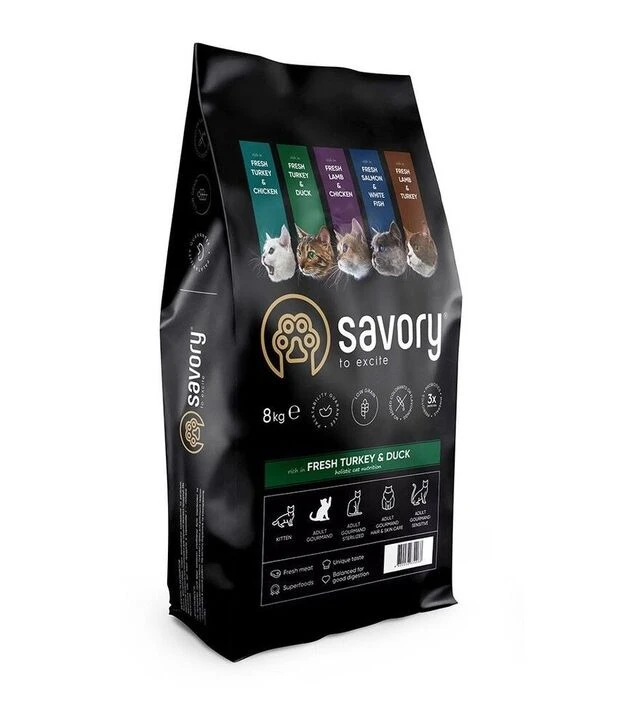 Сухий корм для котів Savory Adult Cat Gourmand, зі свіжою індичкою та качкою, 8 кг