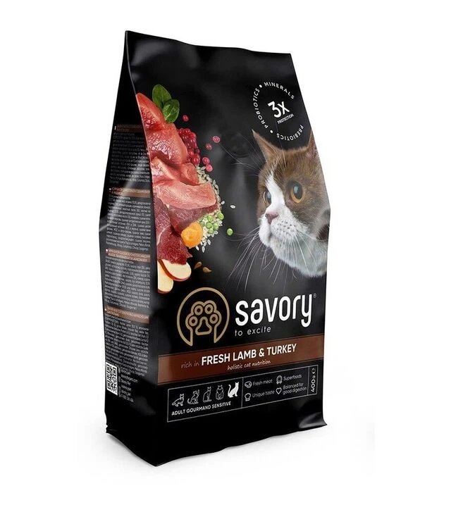 Сухий корм для котів Savory Adult Cat Sensitive Digestion для чутливого травлення, зі свіжою ягнятиною та індичкою, 400 г