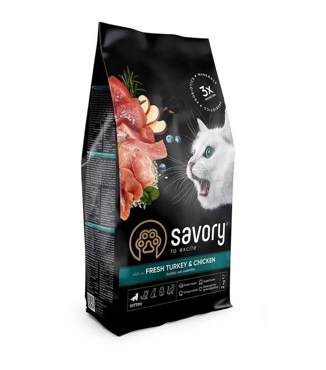 Сухой корм для котят всех пород Savory Kitten со свежей индейкой и курицей, 2 кг