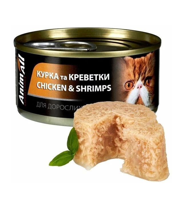 Вологий корм для котів AnimAll з куркою та креветками, 85 г
