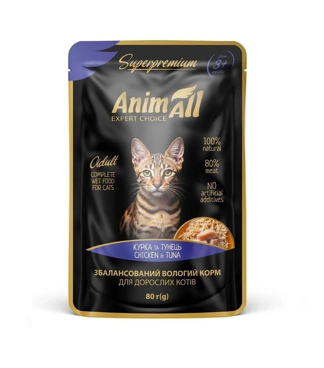 Беззерновой влажный корм для кошек AnimAll с тунцем и курицей, 80 г