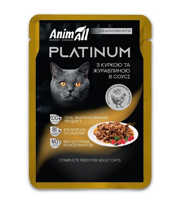 Беззерновой влажный корм для кошек AnimAll Platinum с курицей и клюквой в соусе, 85 г