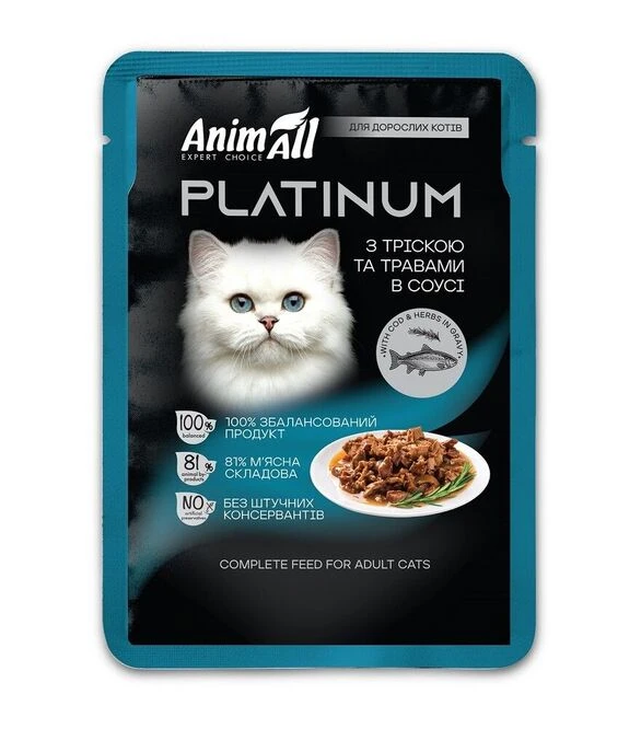 Беззерновой влажный корм для кошек AnimAll Platinum с треской и травами в соусе, 85 г