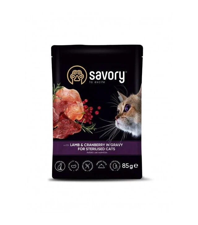 Влажный корм для стерилизованных кошек Savory с ягненком и клюквой в соусе, 85 г