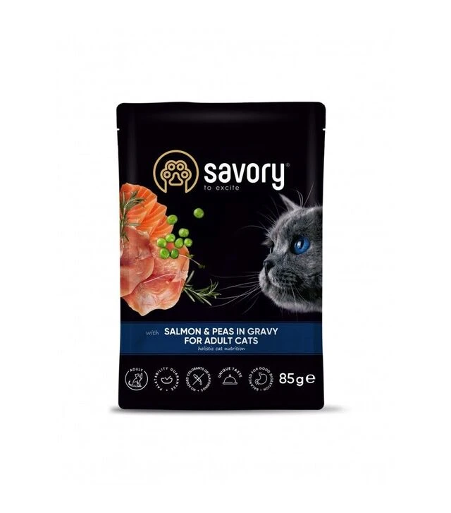 Беззерновий вологий корм для котів Savory з лососем та горошком в соусі, 85 г