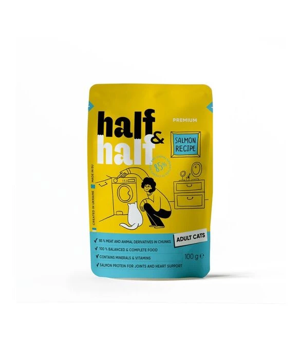 Влажный корм для кошек Half&Half кусочки с лососем в желе, 100 г