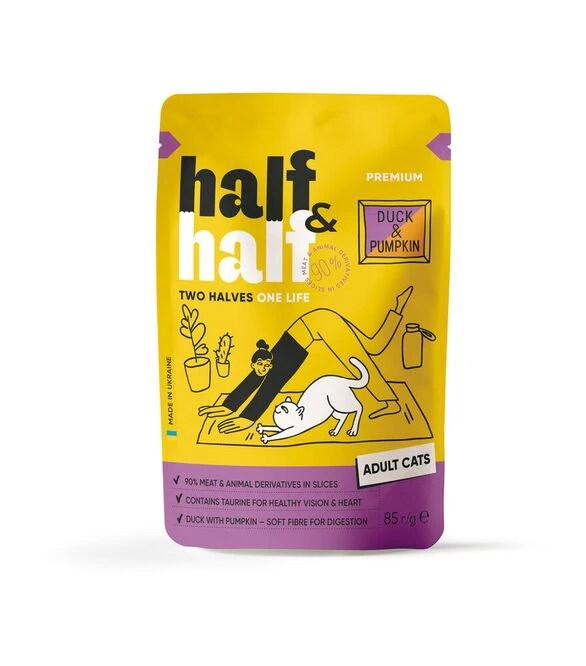Влажный корм для кошек Half&Half с уткой и тыквой в соусе, 85 г