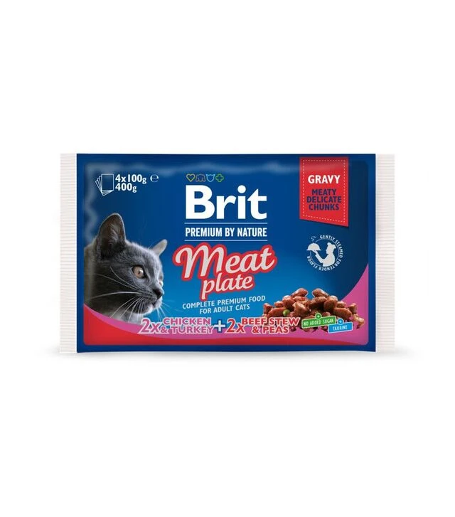 Влажный корм для кошек Brit Premium Мясная тарелка с курицей, индейкой, тушеной говядиной и горохом, 4 шт х 100 г