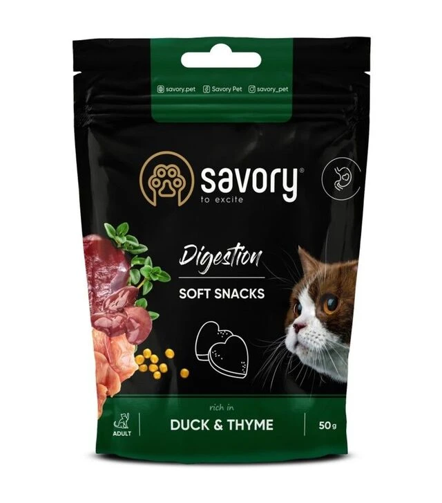 М'які ласощі для котів Savory для покращення травлення, з качкою та чебрецем, 50 г