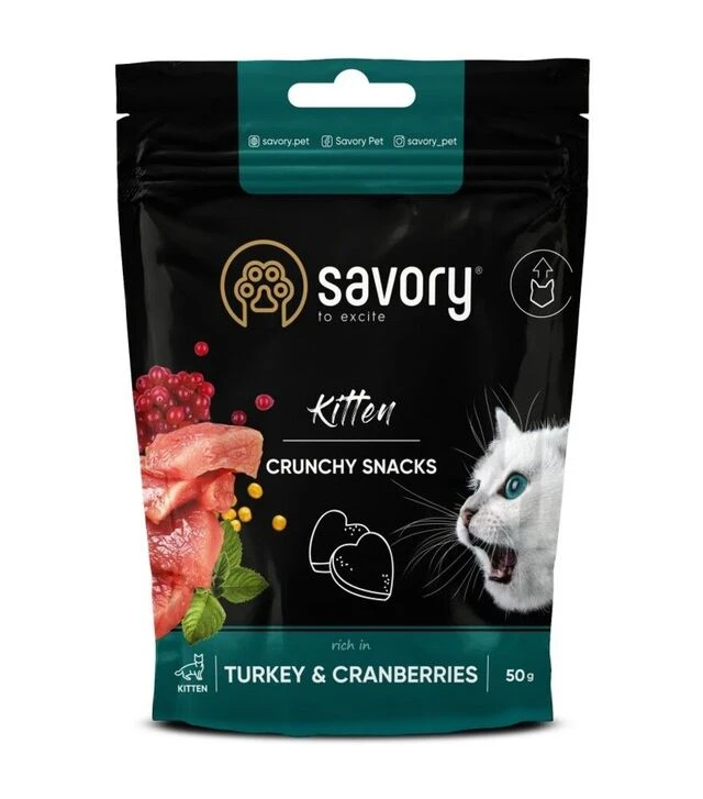 Хрустящие лакомства для котят Savory для здорового роста, с индейкой и клюквой, 50 г