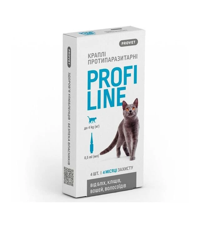 Краплі для котів ProVET ProfiLine від бліх і кліщів, інсектоакарицидні, на вагу до 4 кг, піпетка, 4 шт