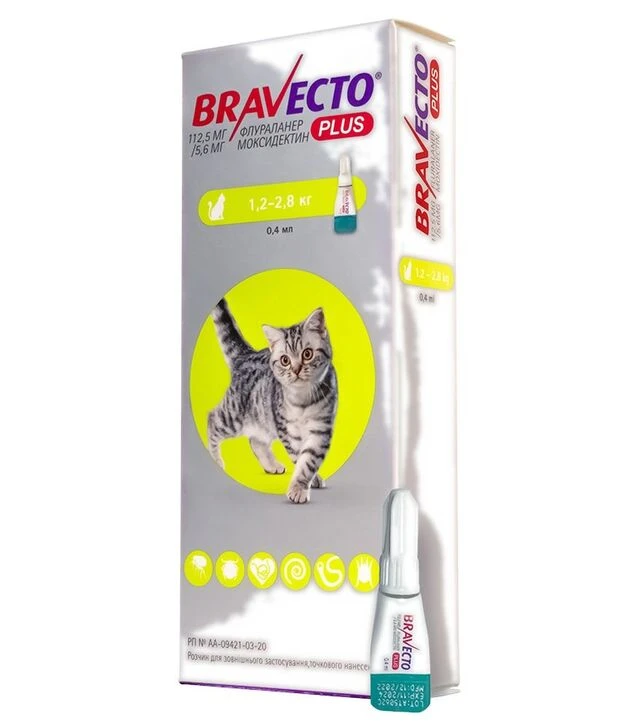 Капли для кошек MSD Bravecto Plus от блох, клещей и глистов, на вес 1,2-2,8 кг, пипетка, 1 шт