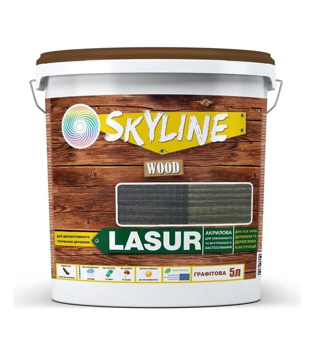Лазур акрилова декоративно-захисна SkyLine LASUR Wood для обробки дерева Графітова, 5 л