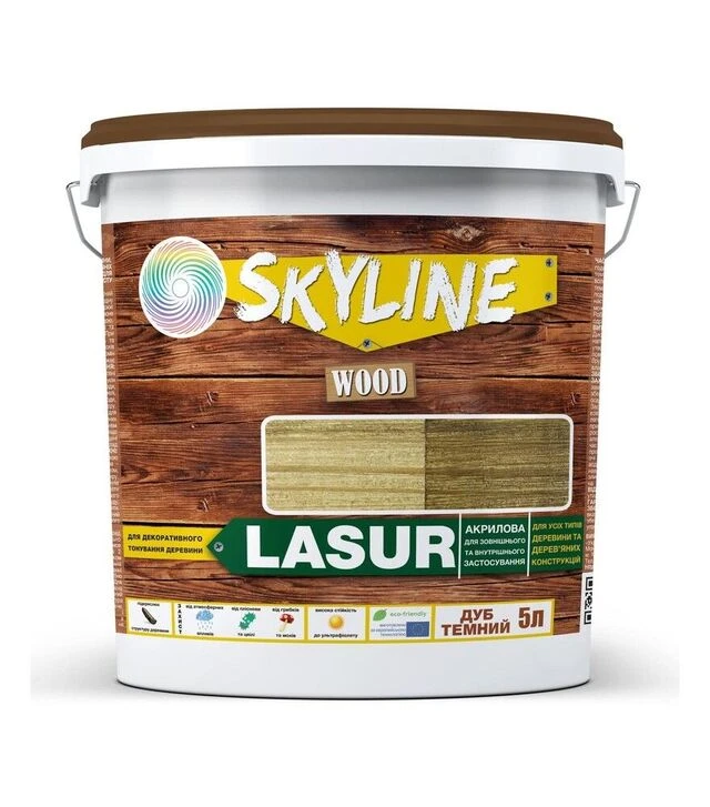 Лазурь акриловая декоративно-защитная SkyLine LASUR Wood для обработки дерева Темный дуб, 5 л