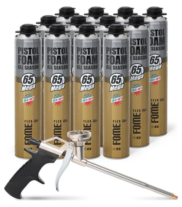 Піна монтажна пістолетна Fome Flex Mega 65L, всесезонна, Жовта, 870 мл, з пістолетом, 12 шт