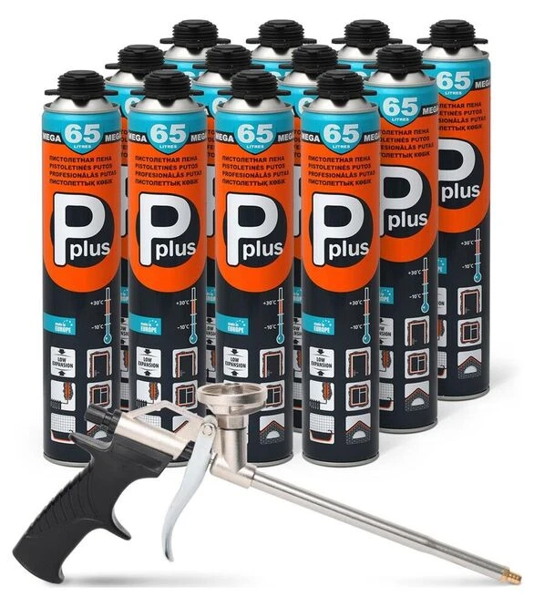 Піна монтажна PPLUS Mega 65L, всесезонна, Жовта, 820 мл, з пістолетом, 12 шт
