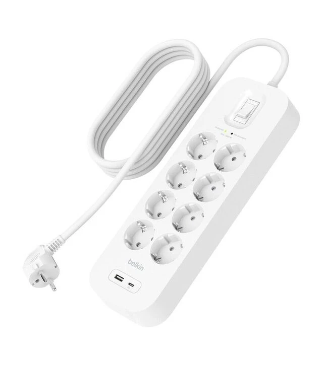 Сетевой удлинитель-фильтр Belkin 3х1,5 мм², 8 розеток, USB-A/C 18 Вт, белый, 2 м (SRB003VF2M-V2)