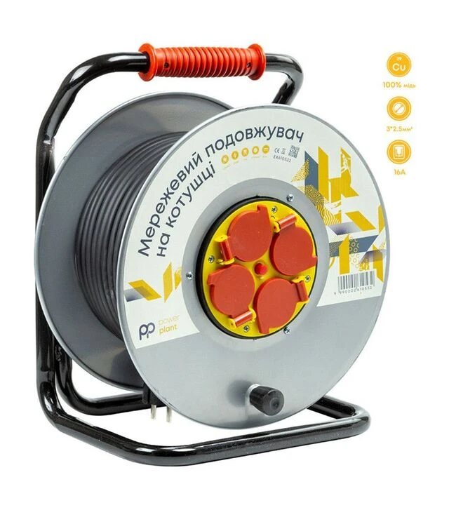 Сетевой удлинитель на катушке PowerPlant JY-20022/40, 3x2,5 мм², 4 розетки, 40 м (EX610532)