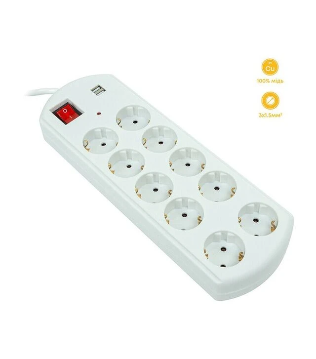 Сетевой удлинитель-фильтр PowerPlant YS-N6065/5, 3x1,5 мм², 10 розеток, 2xUSB, 5 м (EX610556)